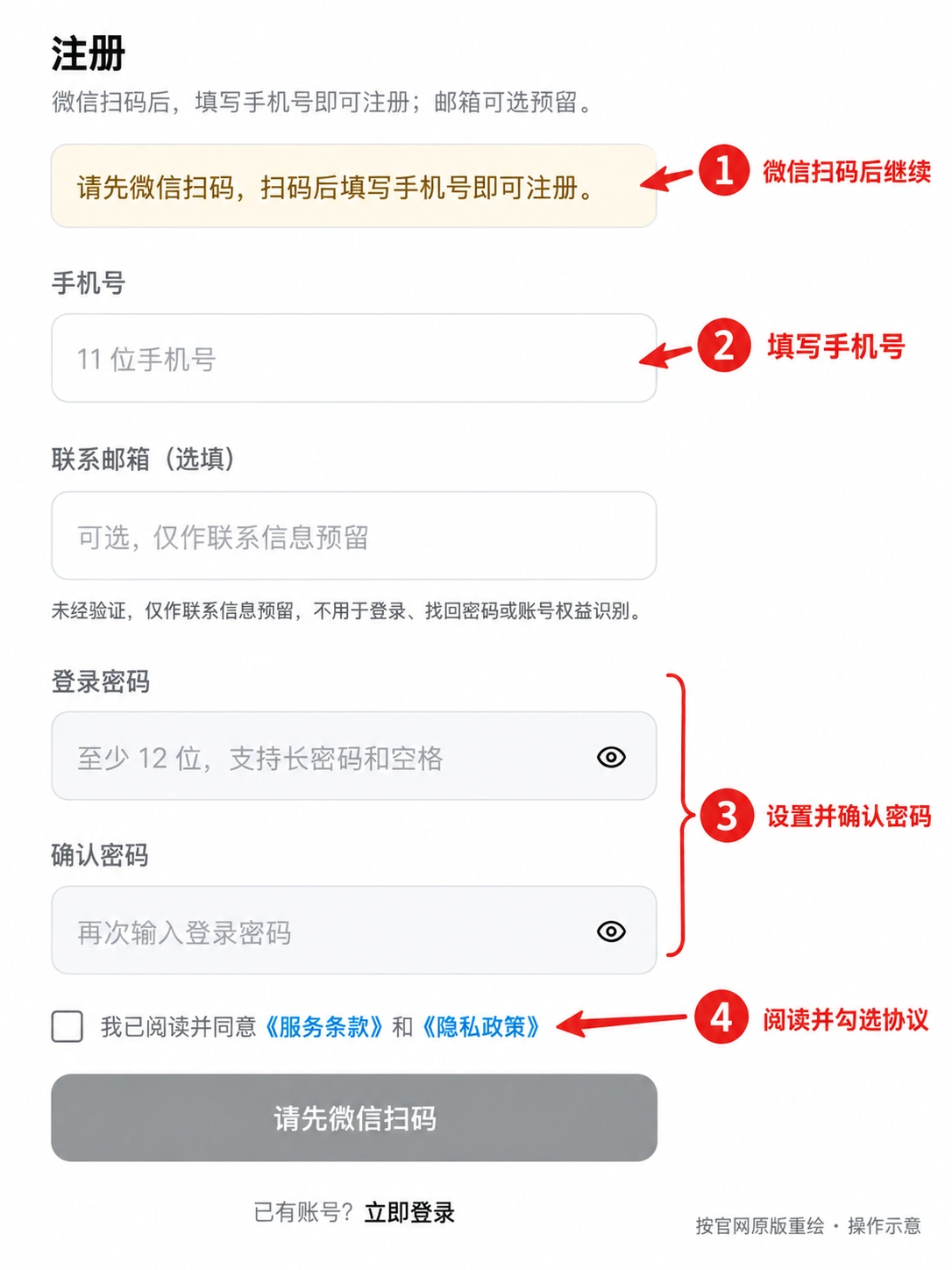 官网注册表单：手机号、选填邮箱、密码与确认密码